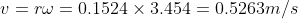 v=r\omega =0.1524 \times 3.454 = 0.5263 m/s