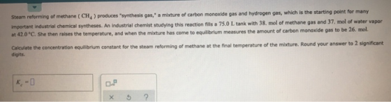 Steam reforming of methane (CH) produces synthesis gas, a mixture of carbon monoxide gas and hydrogen gas, which is the sta