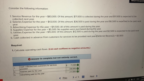 Heturn to quest Consider the following information: 1. Service Revenue for the year $83,000. Of this amount. $71,500 is colle