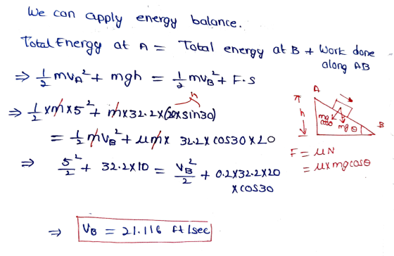 energy at B+ We con apply energy balance. Total Energy at A = Total at Bt work done along AB → ₂ mua²+ mgh į mugt Fos inhx32•