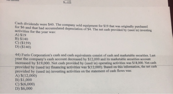 $ 175 Cash dividends were $40. The company sold equipment for $19 that was originally purchased for $6 and that had accumulat