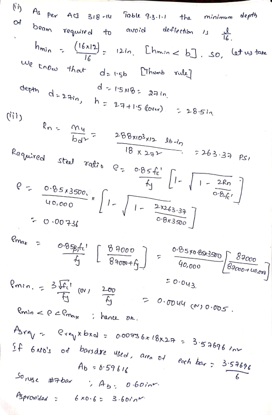 6 As per Aci 318 iu the Table 9.3.1.1 deflection minimum depth beam to avoid required (16x12 Il 16. hmin 12in. [hmina b]. so,