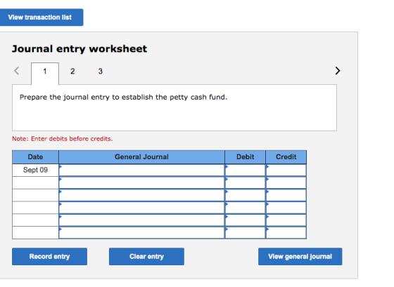 View transaction list Journal entry worksheet < 1 2 3 3 > Prepare the journal entry to establish the petty cash fund. Note: E