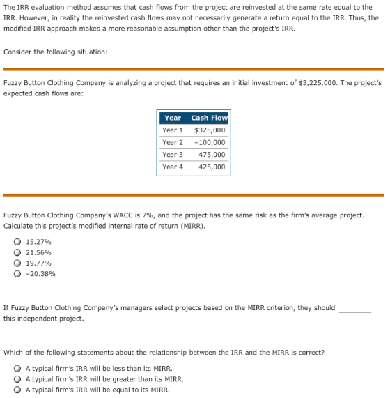 The IRR evaluation method assumes that cash flows from the project are reinvested at the same rate equal to the IRR. However,