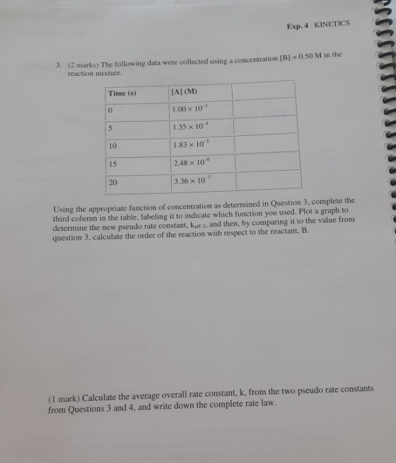 Exp. 4 KINETICS 3. (2 marks) The following data were collected using a concentration [B] = 0.50 M in the reaction mixture. Ti