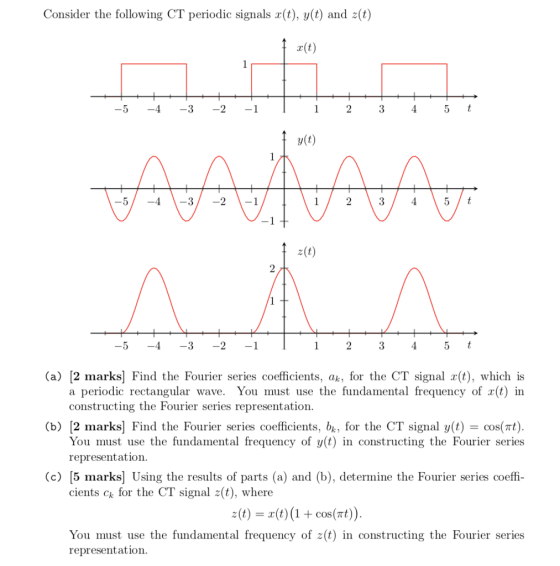 Consider the following CT periodic signals x(t), y(t) and z(t) a(t) 5 -4 y(t) 5/-4 z(t) 5 4 (a) [2 marks] Find the Fourier series coefficients, ak, for the CT signal r(t), which is a periodic rectangular wave. You must use the fundamental frequency of r(t) in constructing the Fourier series representation (b) [2 marks] Find the Fourier series coefficients, bk, for the CT signal y(t) cos(t) You must use the fundamental frequency of y(t) in constructing the Fourier series representation (c) [5 marks] Using the results of parts (a) and (b), determine the Fourier series coeffi- cients ck for the CT signal z(t), where s(t) = x(t) (1 + cos(nt)) You must use the fundamental frequency of z(t) in constructing the Fourier series representation