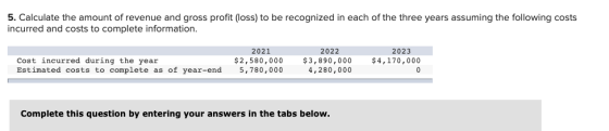 5. Calculate the amount of revenue and gross profit (Loss) to be recognized in each of the three years assuming the following