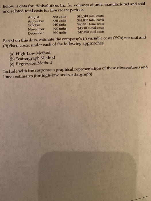 Below is data for eVolvalution, Inc. for volumes of units manufactured and sold and related total costs for five recent perio