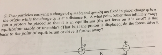 5. Two particles carrying a charge of qi +8q and qp -2q are fixed in place: charge qi is at the origin while the charge q2 is at a distance R. A what point (other than infinitely away) can a proton be placed so that it is in equilibrium (the net force on it is zero)? Is that equilibrium stable or unstable? (That is, if the proton is displaced, do the forces drive it back to the point of equilibrium or drive it further away? 92 q1