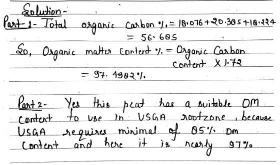 Solution- Part 1 - Total nic Organic carbon 6. = 18.076+20.305 +18.234 = 56.685 matter content % = Organic Carbon - Content X