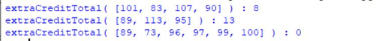 extraCreditTotal( [101, 83, 107, 90] ) : 8 extraCreditTotal( [89, 113, 95] ) : 13 extraCreditTotal( [89, 73, 96, 97, 99, 100)
