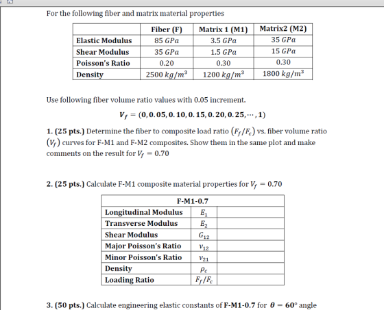 For the following fiber and matrix material properties Fiber (F) Matrix 1 (M1)Matrix2 (M2) Elastic Modulus Shear Modulus Poissons Ratio Densitv 85 GPa 35 GPa 0.20 2500 kg/m 3.5 GPa 1.5 GPa 0.30 35 GPa 15 GPa 0.30 1200 kg/m3 1800 kg/m Use following fiber volume ratio values with 0.05 increment. Vf - (0,0.05, 0. 10, 0.15, 0.20, 0.25,..,1) 1. (25 pts.) Determine the fiber to composite load ratio (F/ ) vs. fiber volume ratio Vf) curves for F-M1 and F-M2 composites. Show them in the same plot and make comments on the result for V0.70 2. (25 pts.) Calculate F-M1 composite material properties for V, 0.70 F-M1-0.7 Longitudinal Modulus Transverse Modulus Shear Modulus Major Poissons Ratio Minor Poissons Ratio Density Loading Ratio 12 12 V21 3. (50 pts.) Calculate engineering elastic constants of F-M1-0.7 for 6 -60° angle
