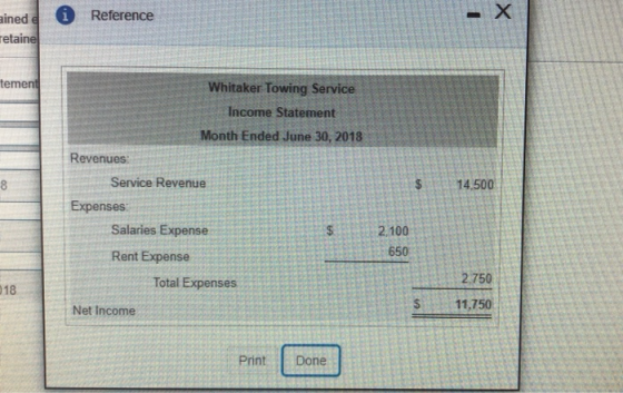 Reference ined etaine tement Whitaker Towing Service Income Statement Month Ended June 30, 2018 Revenues Service Revenue 14.5
