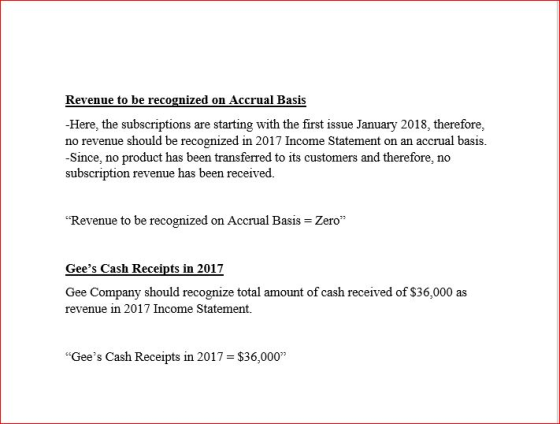 Revenue to be recognized on Accrual Basis Here, the subscriptions are starting with the first issue January 2018, therefore, no revenue should be recognized in 2017 Income Statement on an accrual basis. -Since, no product has been transferred to its customers and therefore, no subscription revenue has been received. Revenue to be recognized on Accrual Basis-Zero Gee Company should recognize total amount of cash received of $36,000 as revenue in 2017 Income Statement. Gees Cash Receipts in 2017 $3 6,000
