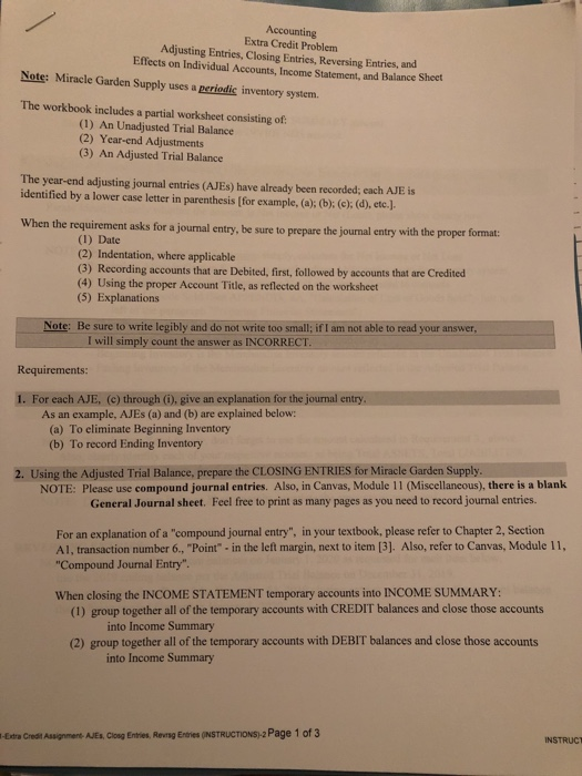 Accounting Extra Credit Problem Adjusting Entries, Closing Entries, Reversing Entries, and Effects on Individual Accounts, In