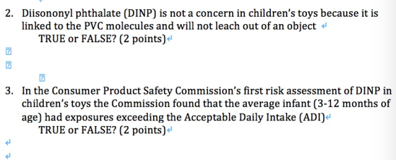 2. Diisononyl phthalate (DINP) is not a concern in childrens toys because it is linked to the PVC molecules and will not lea