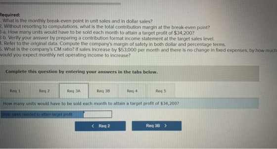 Required: . What is the monthly break-even point in unit sales and in dollar sales? 2. Without resorting to computations, wha