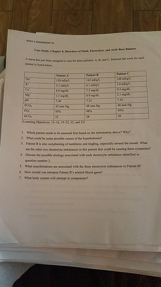 WEEK 3 ASSIGNMENT Case Study, Chapter 8, Disorde otudy, Chapter 8, Disorders of Fluid, Electrolyte, and Acid-Base Balance A n