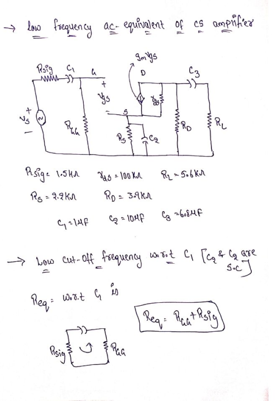 y low frequency ac- equivalent of cs amplifier Smugs Roig a a D C3 + w Vgg B S gro w 2 R = 5.6 kr Resige 105HA Rg = 2.9 kn Vd