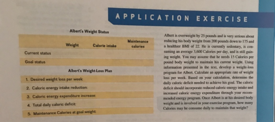 APPLICATION EXERCISE Alberts Weight Status Albert is overweight by 25 pounds and is very serious about reducing his body wei