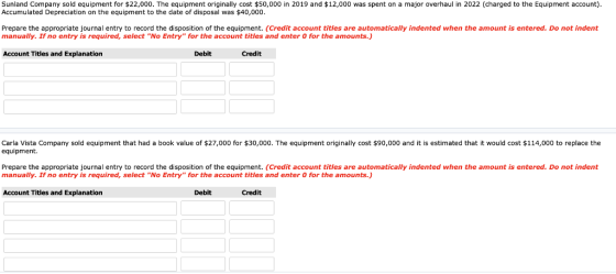 Sunland Company sold equipment for $22,000. The equipment originally cost $50,000 in 2019 and $12,000 was spent on a major ov