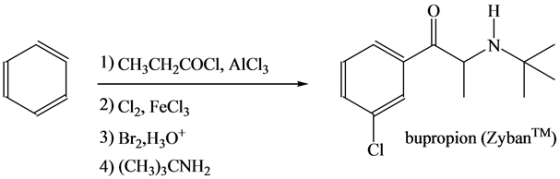 1) CH3CH,COCI, AICI:
2) Cl2, FeCl3
3) Br2,H307
4) (CH3)3CNH2
bupropion (ZybanTM)
C
