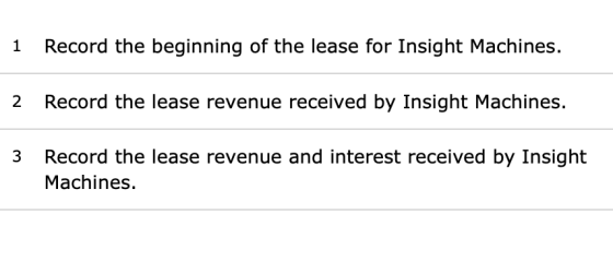 1 Record the beginning of the lease for Insight Machines. 2 Record the lease revenue received by Insight Machines. 3 Record t