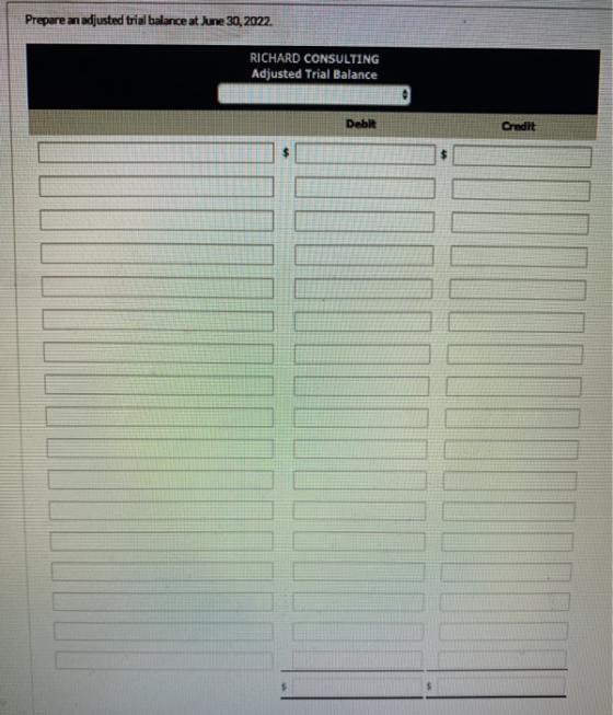 Prepare an adjusted trial balance at June 30, 2022. RICHARD CONSULTING Adjusted Trial Balance Debit L LLL