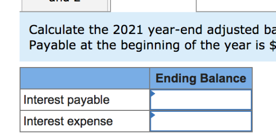 Calculate the 2021 year-end adjusted ba Payable at the beginning of the year is $ Ending Balance Interest payable Interest ex