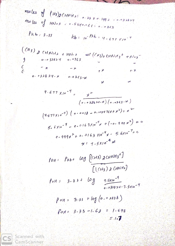 moles of (143)2 CUNH 2: 0.22 YO 1493 ,352 moes of HNO3 0.55x0.06 0.0363 Pkb: 3.33 Kb 10 Pr b: 4.6714104 (CH3) Z CHNH2 + HNO3