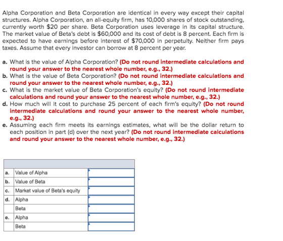 Alpha Corporation and Beta Corporation are identical in every way except their capital structures. Alpha Corporation, an all-