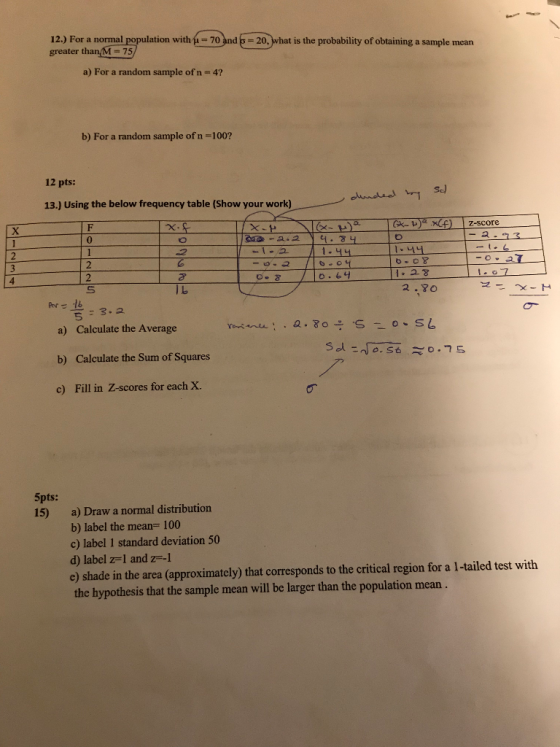 12.) For a normal population with f0n20 what is the probability of obtaining a sample mean greater thanM 75 a) For a random sample of n = 4? b) For a random sample of n-100? 12 pts: Sc) 13.) Using the below frequency table (Show your work) 0 I. 니니 2 IL 2 .YO ブーX-H 5 3.2 a) b) c) Calculate the Average Calculate the Sum of Squares Fill in Z-scores for each X. 5pts: 15) a) Draw a normal distribution b) label the mean 100 c) label 1 standard deviation 50 d) label zi and z e) shade in the area (approximately) that corresponds to the critical region for a 1-tailed test with the hypothesis that the sample mean will be larger than the population mean.