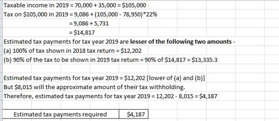 Taxable income in 2019 = 70,000 + 35,000 = $105,000 Tax on $105,000 in 2019 = 9,086 + (105,000 - 78,950) *22% = 9,086 +5,731
