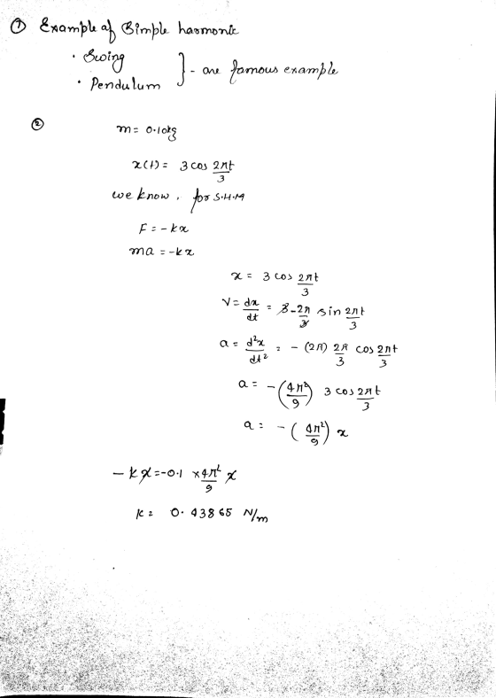 0 Example of Simple harmonie famous example · Swing } one Pendulum m= 0 lokg 2(1): 3 cos ant 3 we know, S.H.M for F:- ka ma =