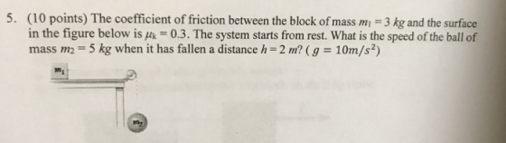 5. (10 points) The in the figure below is μk-03. The system starts from rest. What is the speed of the ball of mass m2 = 5 kg when it has fallen a distance h = 2 m? (g = 10m/s2) nt of friction between the block of mass mi 3 kg and the surface