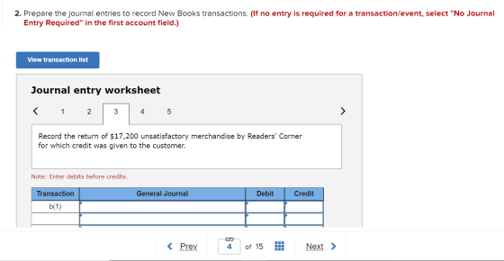 2. Prepare the journal entries to record New Books transactions. (If no entry is required for a transaction/event, select No