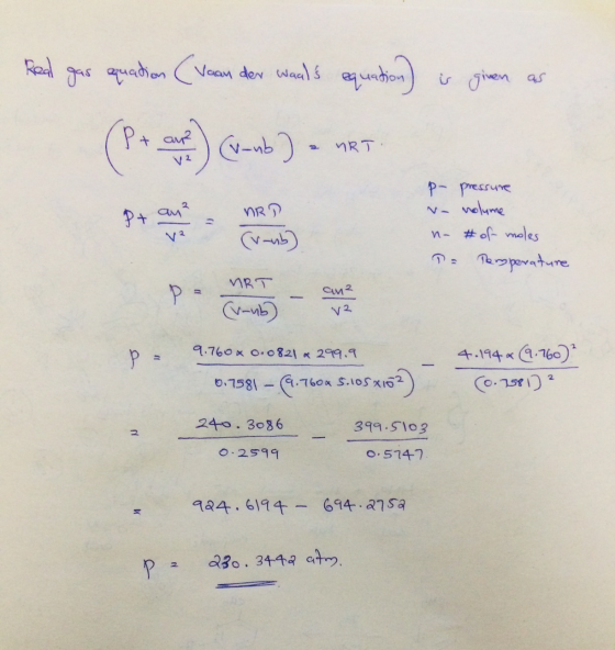 Real gas aquation (Vaan der waals equation) is given as Pt aut (vanb) ART V 2 p- pressure P+ ам? NRD 1) - nolume n- #of mole