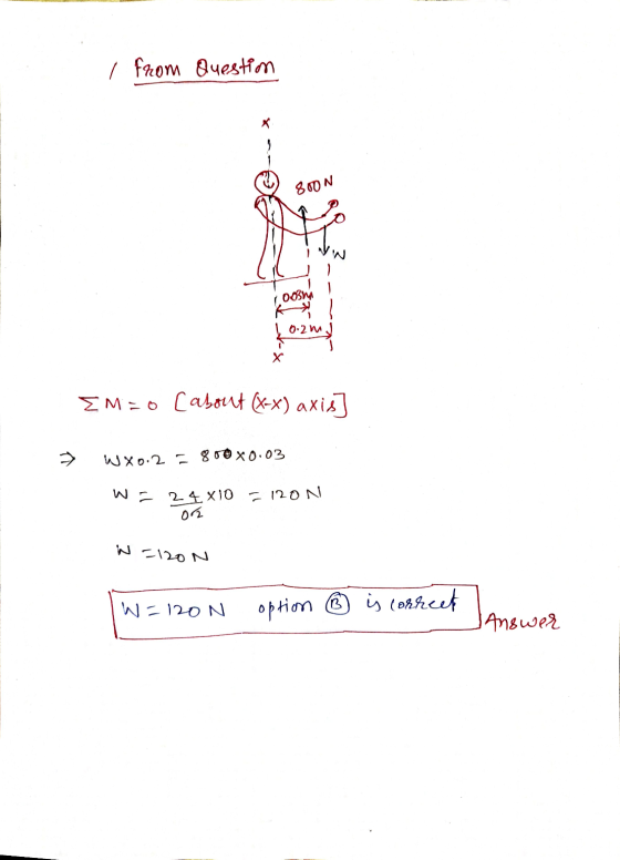 I from Question X 9 800N 003 0.2 m Į 0.2 m X EM=0 Cabout (x-x) axis] > W8o.2 = 80080.03 24x10 120 N 02 W2120N W =120N option