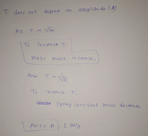 T does not depend on amplitude (A) AS T xvm To increase T mass must increase And T&VE To Increase T brass spring constant mus
