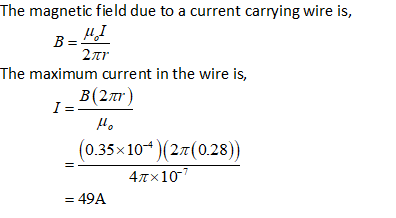 The magnetic field due to a current carrying wire is, BE4] The maximum current in the wire is, 1- B(277) (0.35x10+27(0.28)) 4
