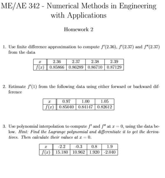 ME/AE 342 - Numerical Methods in Engineering with Applications Homework 2 1. Use finite difference approximation to compute f