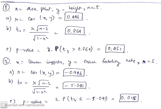 a= shoe print, y = height , n=5. a) 4= Cor (y) = (0.446., b) to= a Sn-2 -10.869]. e) p-voue = 2.Plt>0.664) = 10.451). ②. a- l