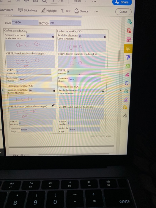 10 76.39 .. do Share Comment Sticky Note Highlight T Text Stamps Close DATE 7/31/20 SECTION 104 Carbon dioxide, CO Available
