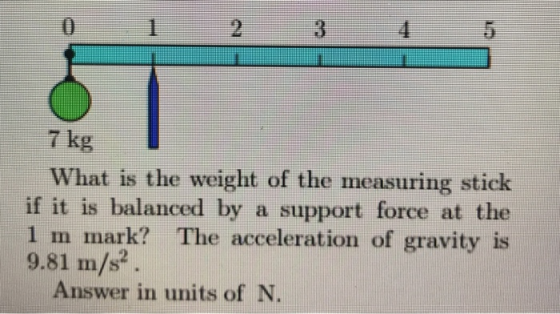 0 2 7 kg What is the weight of the measuring stick if it is balanced by a support force at the 1 m mark? The acceleration of gravity is 9.81 m/s in Answer in units of N.