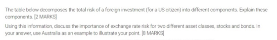 The table below decomposes the total risk of a foreign investment (for a US citizen) into different components. Explain these