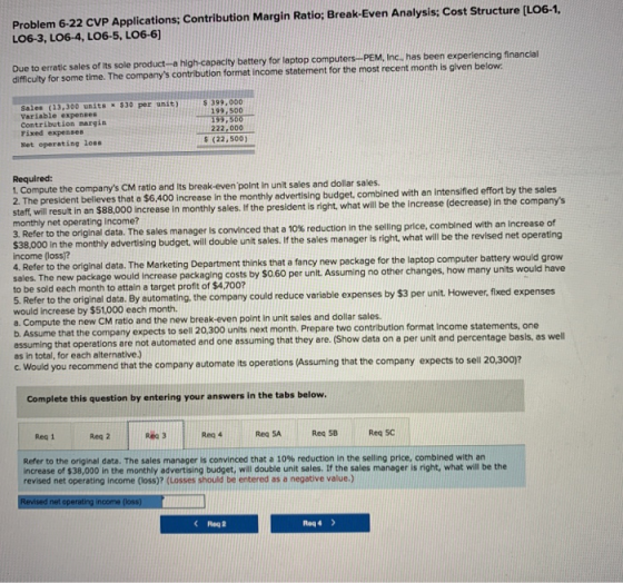 Problem 6-22 CVP Applications; Contribution Margin Ratio; Break-Even Analysis; Cost Structure (LO6-1, LO6 3, LO6-4, LO6-5, LO