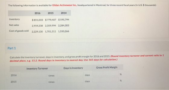 The following information is available for Gildan Activewear Inc., headquartered in Montreal, for three recent fiscal years (
