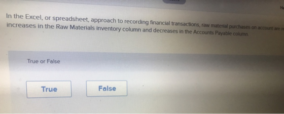 HO In the Excel, or spreadsheet, approach to recording financial transactions, raw material purchases on account are te incre