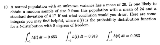 10. A normal population with an unknown variance has a mean of 20. Is one likely to obtain a random sample of size 9 from thi