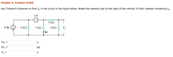Chapter 5, Problem 5.068 Use Thévenins theorem to find V. in the circuit in the figure below. Break the network just to the